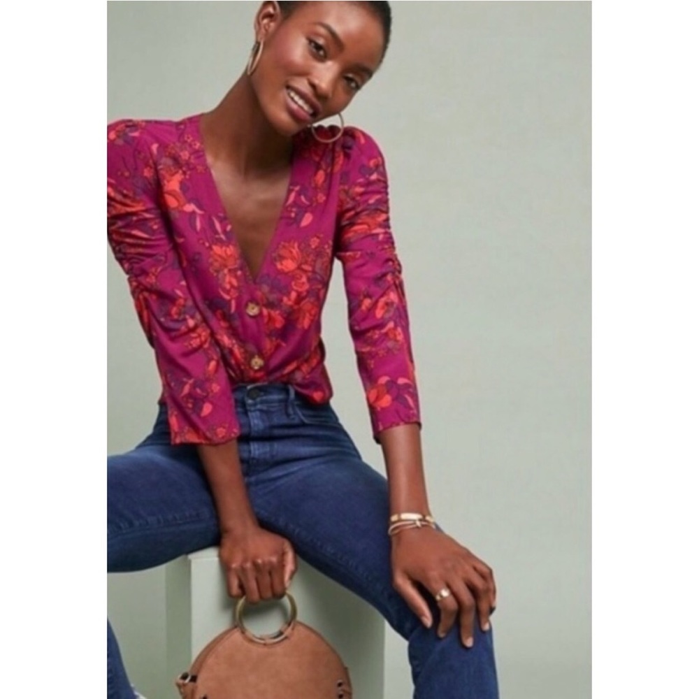 Anthropologie Maeve Jordain Floral Ruched Sleeve Button Top Size Large
